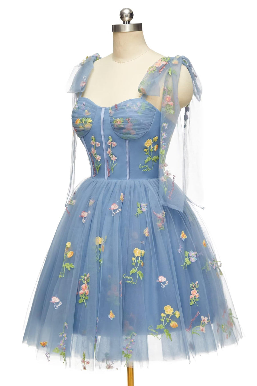 Blue Floral Corset A-line Homecoming Dress with Tie Shoulders Ohmollydress Blue Floral Corset A-line Homecoming Dress with Tie Shoulders Ohmollydress