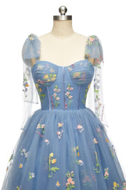 Blue Floral Corset A-line Homecoming Dress with Tie Shoulders