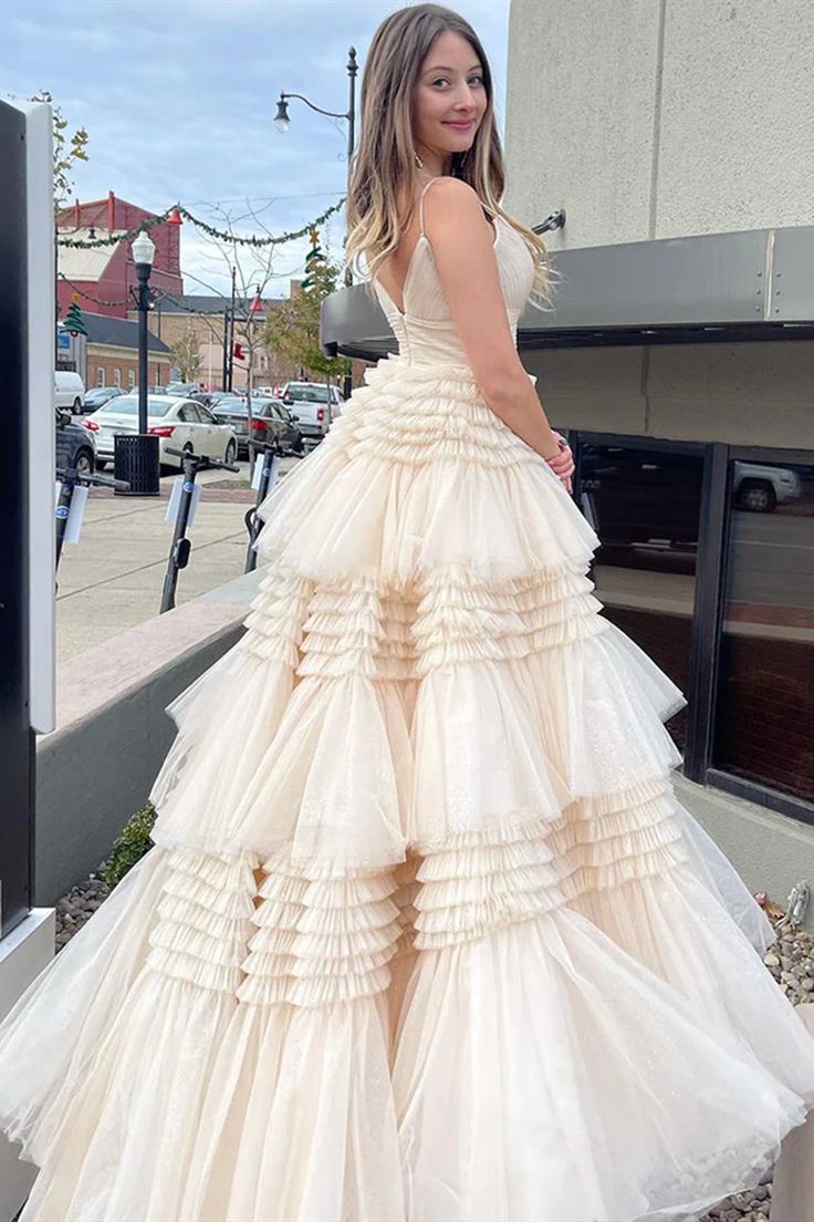 Champagne Tiered Ruffle Long Ball Gown with Straps