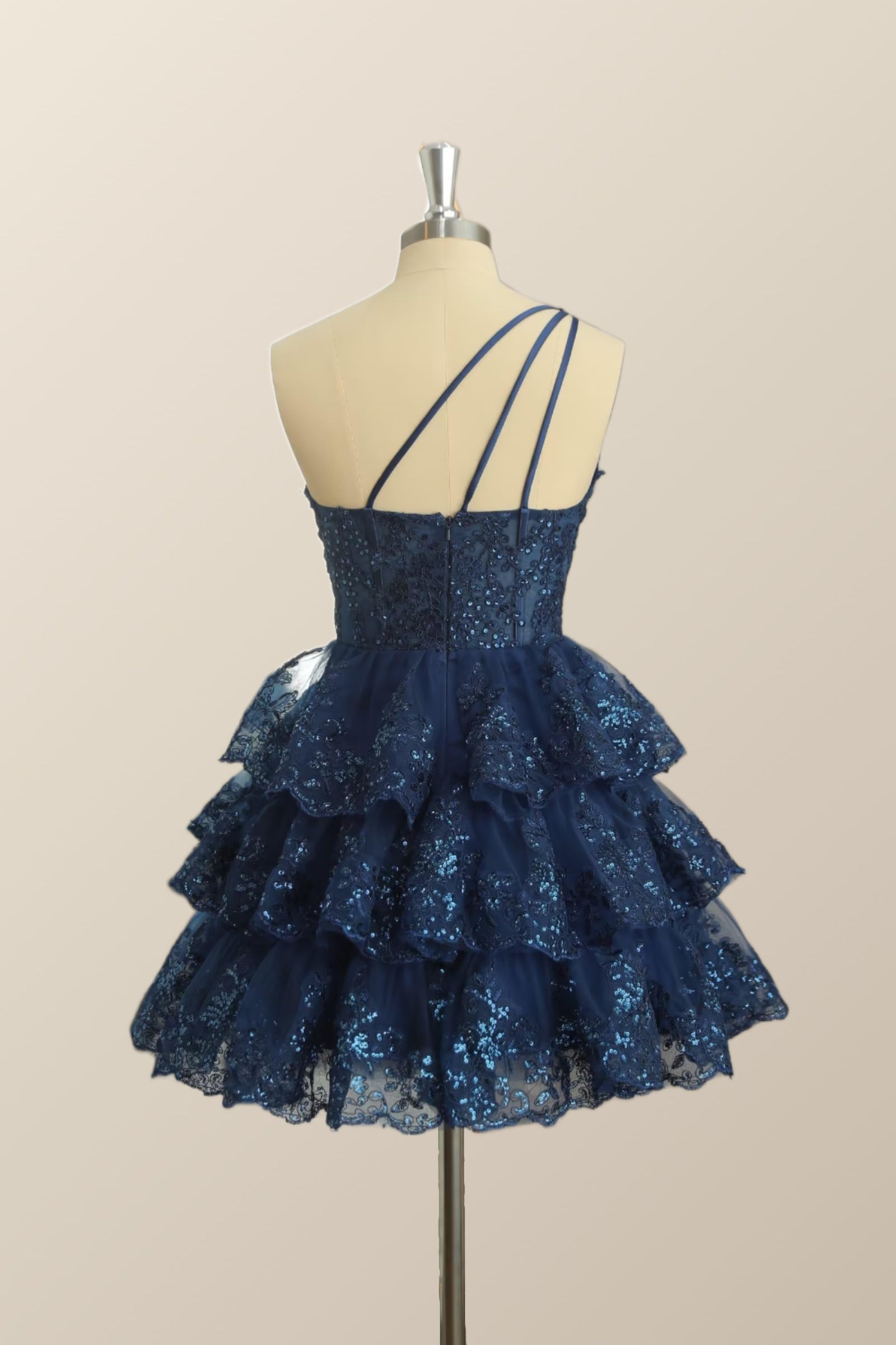 One Shoulder Navy Blue Ruffles A-line Dress