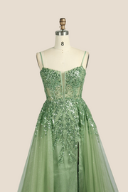 Sage Green Sequin A-line Long Dress with Slit