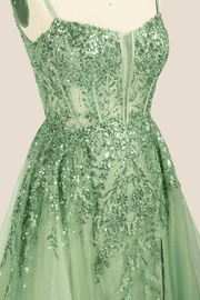 Sage Green Sequin A-line Long Dress with Slit