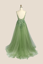 Sage Green Sequin A-line Long Dress with Slit