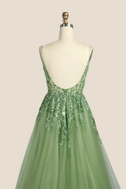 Sage Green Sequin A-line Long Dress with Slit