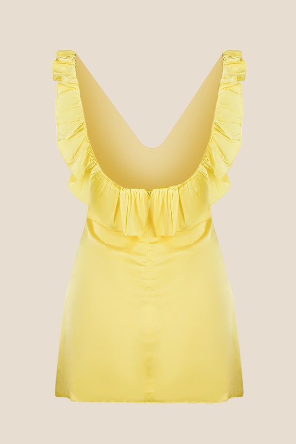 V-neck Yellow Ruffled A-line Short Dress