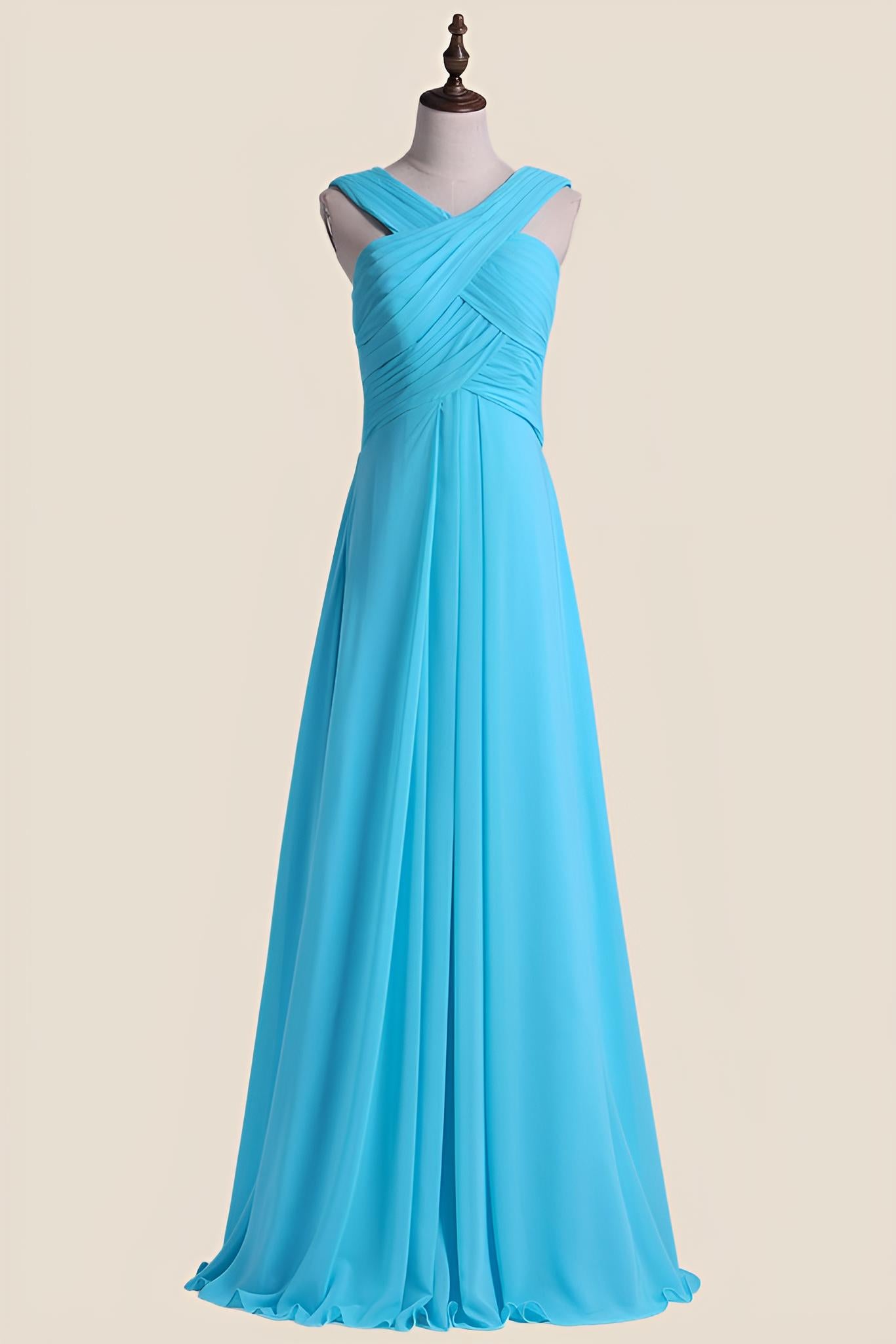 blue junior bridesmaid dresses Cross V Neck Blue Chiffon Long Bridesmaid Dress – Ohmollydress