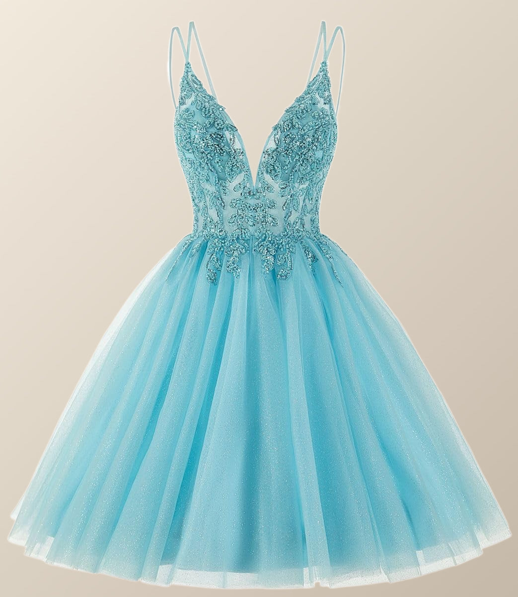 Straps Blue Beaded A-line Short Homecoming Dress