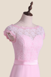 Cap Sleeves Pink Lace and Chiffon Long Bridesmaid Dress