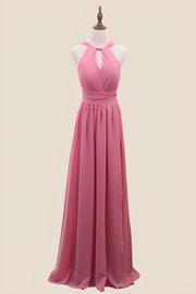 Halter Blush Pink Chiffon A-line Long Bridesmaid Dress