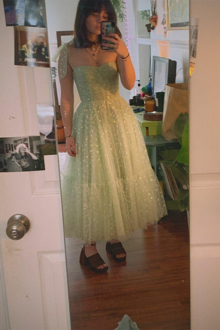 Mint Green Hearts Tea Length Dress with Straps Ohmollydress Mint Green Hearts Tea Length Dress with Straps Ohmollydress