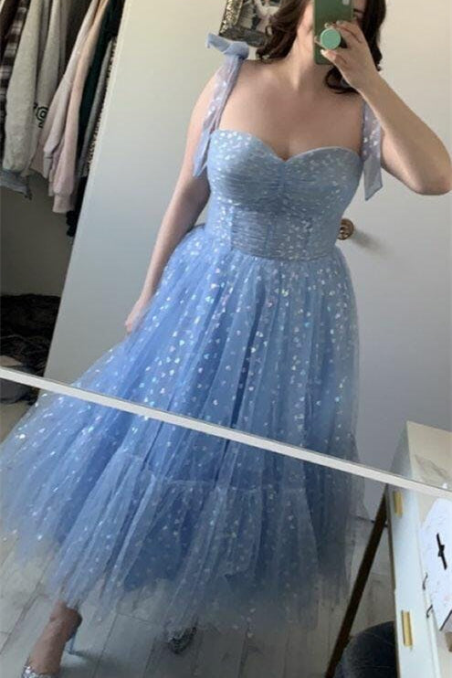 Blue Hearts Tea Length Dress with Straps