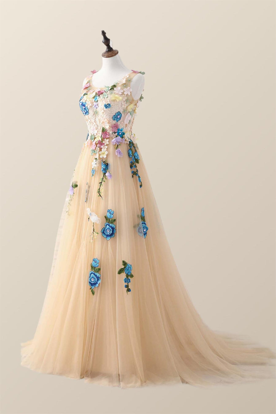 Floral Embroidered Champagne Scoop Long Dress