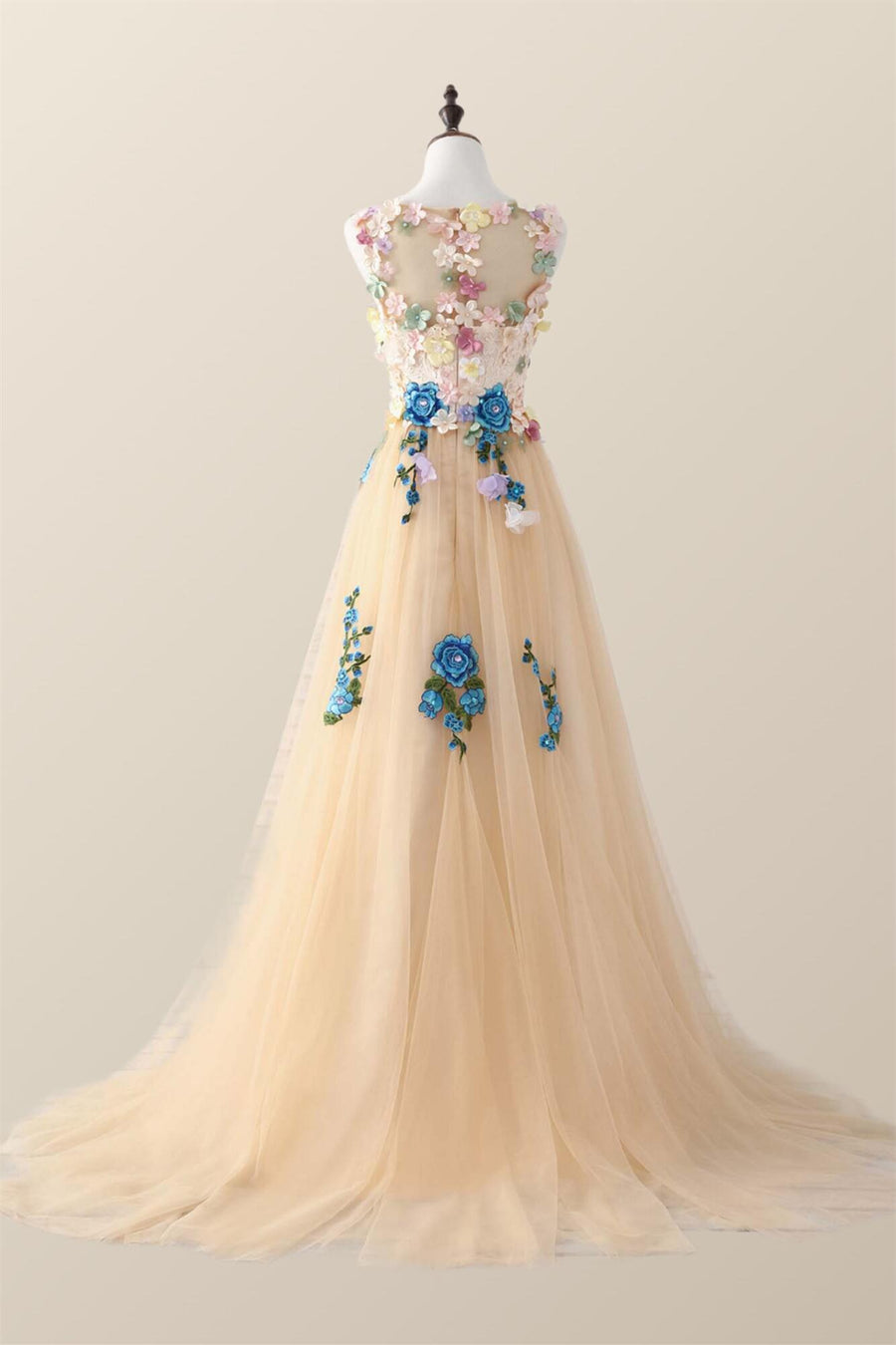 Floral Embroidered Champagne Scoop Long Dress