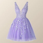 V Neck Lavender Appliques A-line Short Homecoming Dress