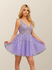 V Neck Lavender Appliques A-line Short Homecoming Dress