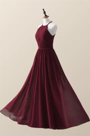 Halter Burgundy Pleated Long Bridesmaid Dress