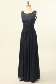 Scoop Pink Lace and Tulle A-line Long Bridesmaid Dress