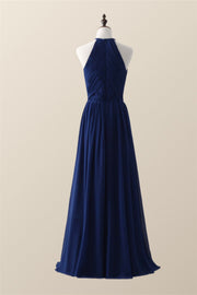Halter Royal Blue Pleated Long Bridesmaid Dress