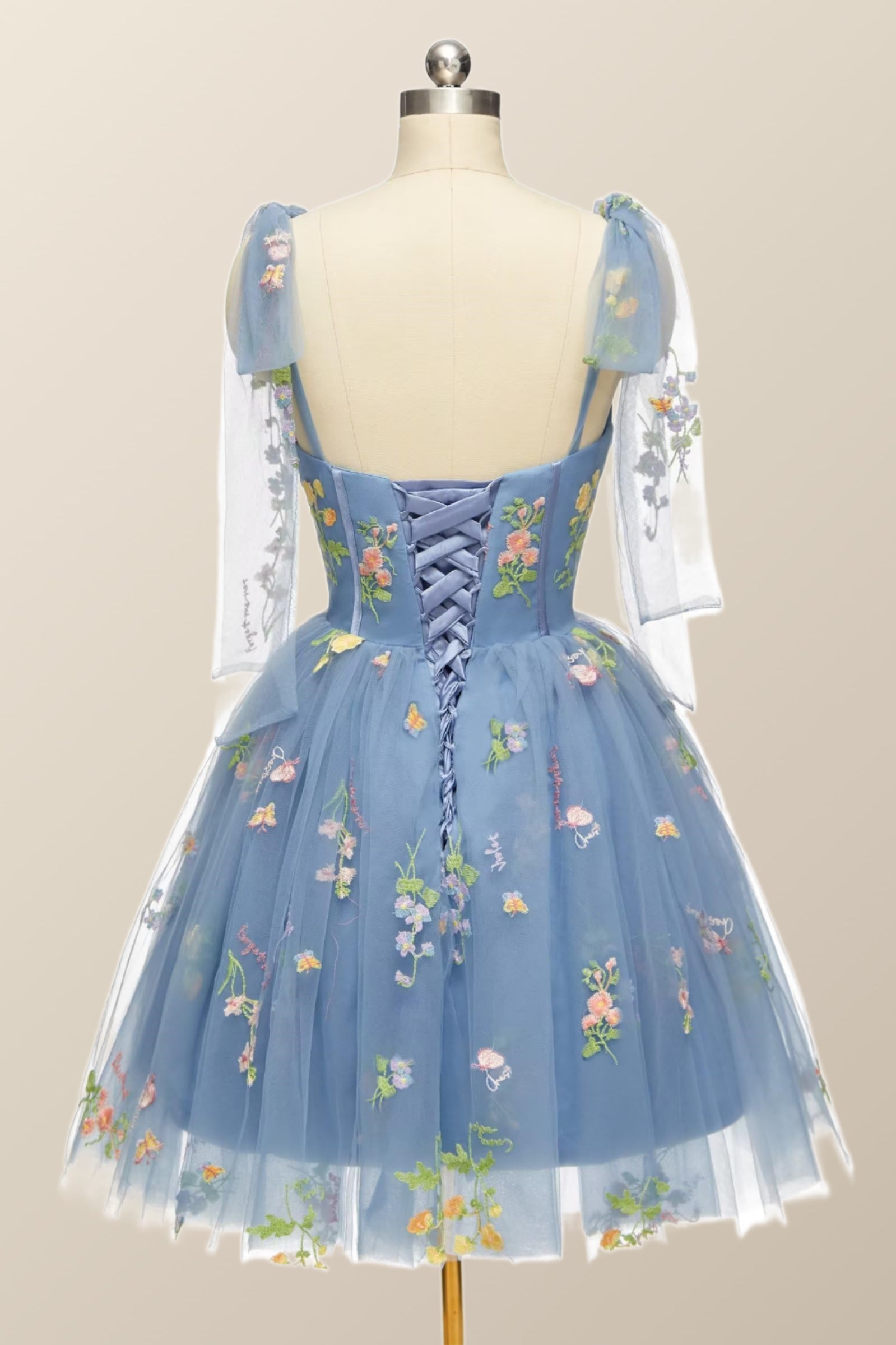 Blue Floral Corset A-line Homecoming Dress with Tie Shoulders