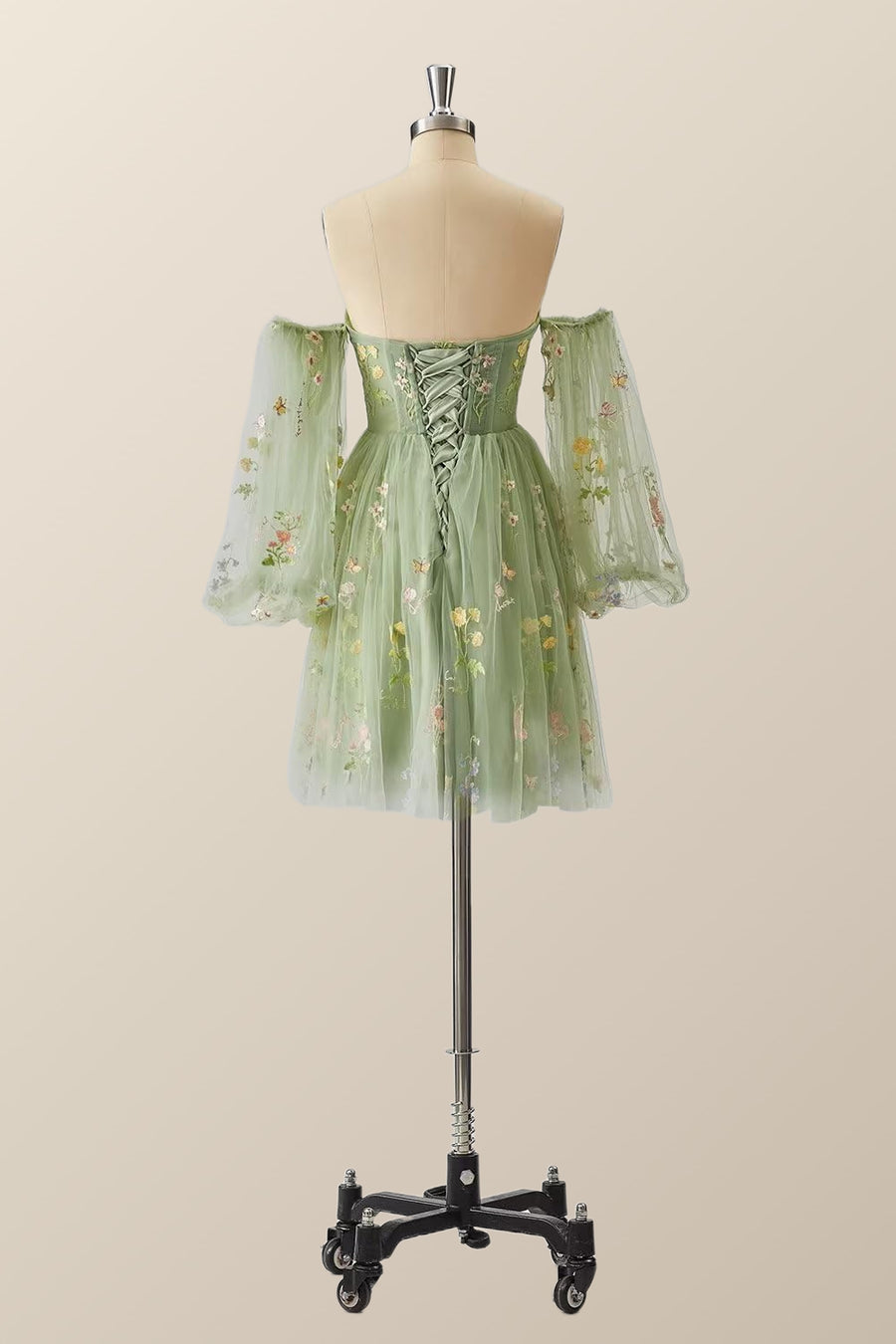 Green Floral Corset A-line Dress with Puff Sleeves