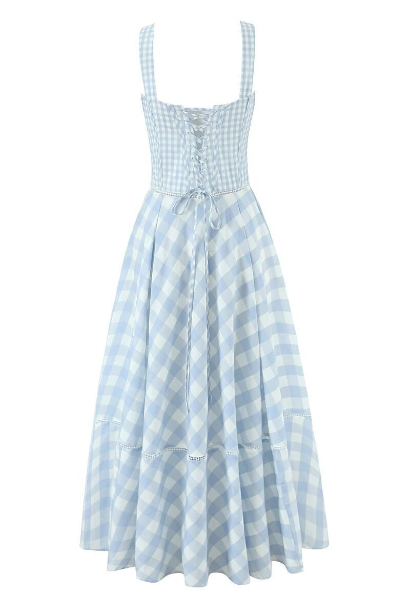 Light Blue Check Pattern A-line Dress