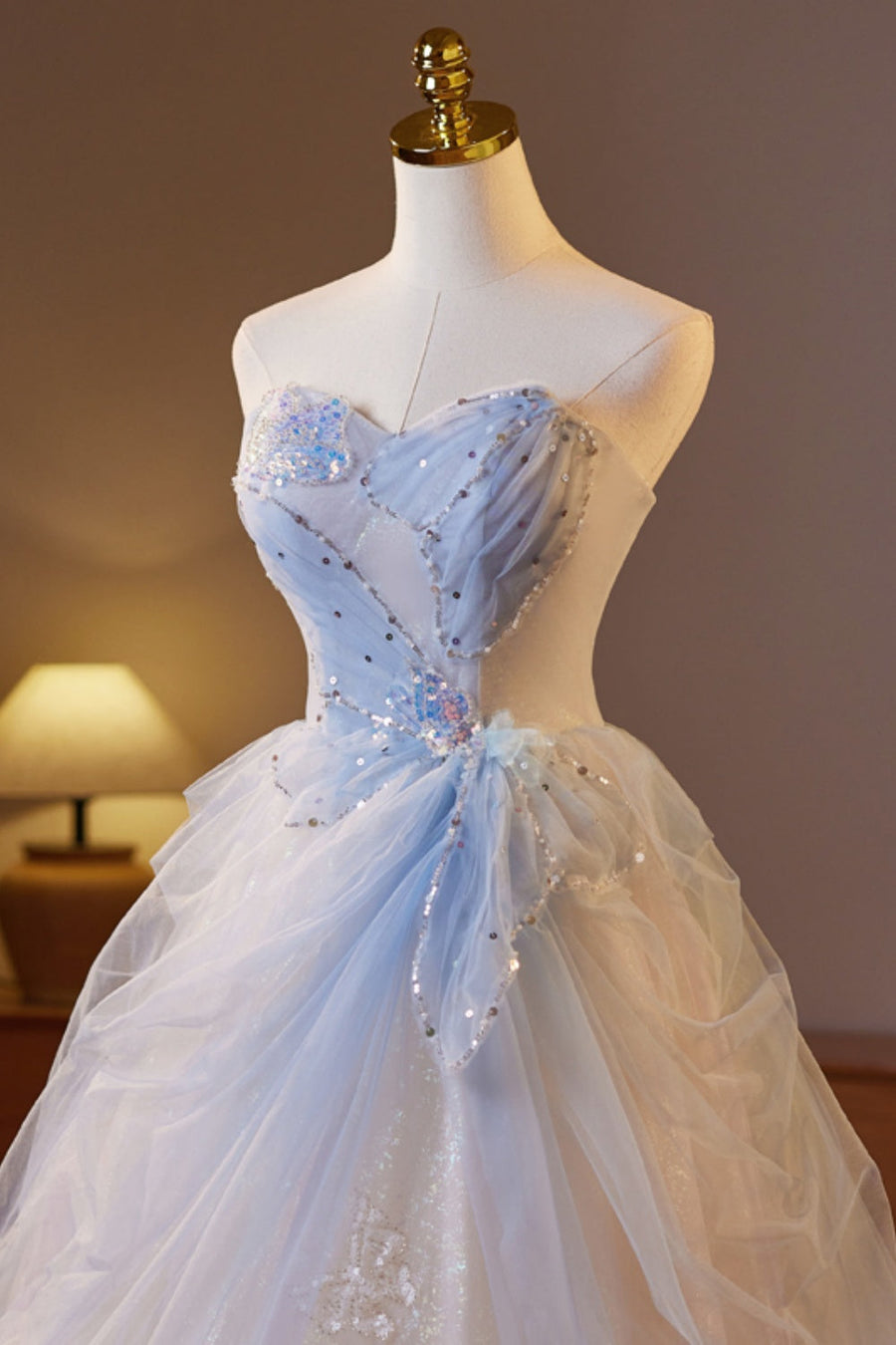 Sweetheart Champagne and Blue Tulle A-line Long Formal Gown
