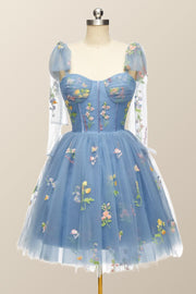 Blue Floral Corset A-line Homecoming Dress with Tie Shoulders