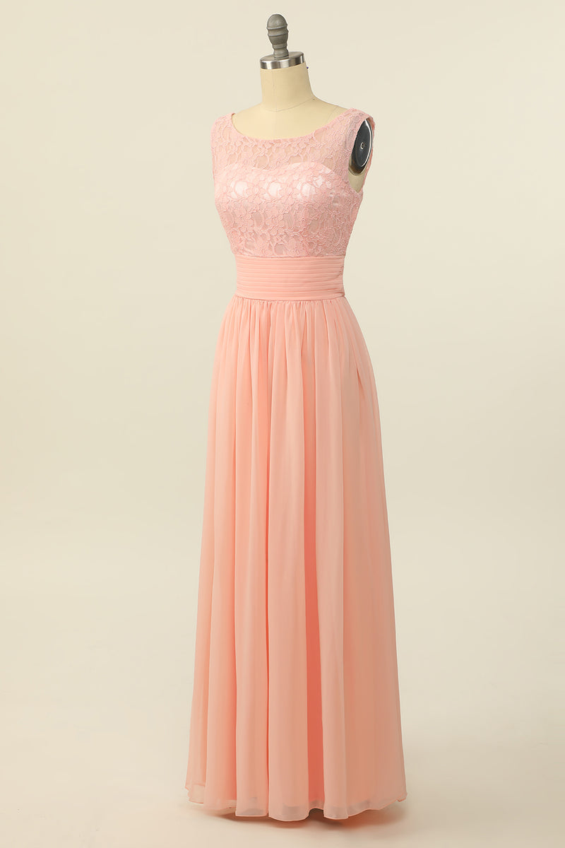 Scoop Pink Lace and Tulle A-line Long Bridesmaid Dress