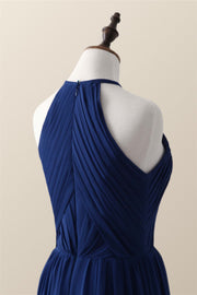 Halter Royal Blue Pleated Long Bridesmaid Dress