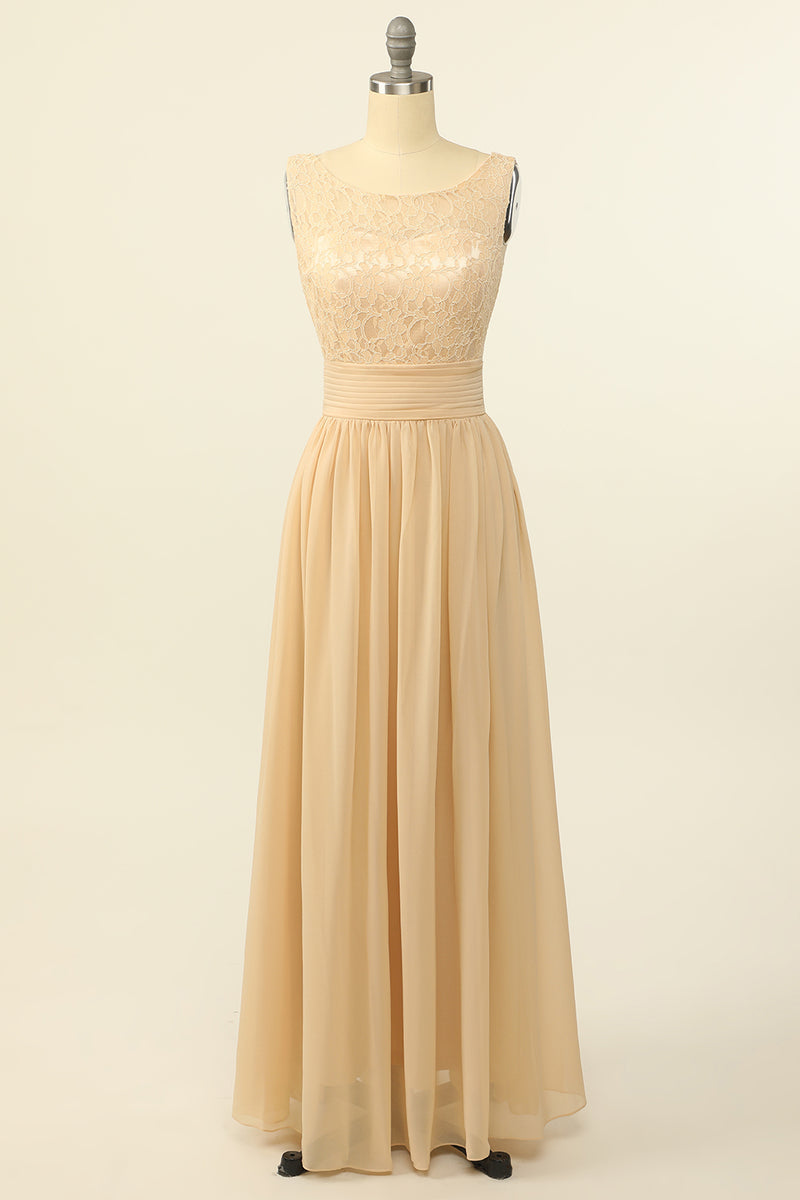 Scoop Pink Lace and Tulle A-line Long Bridesmaid Dress