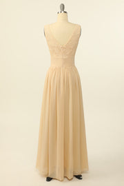 Scoop Pink Lace and Tulle A-line Long Bridesmaid Dress