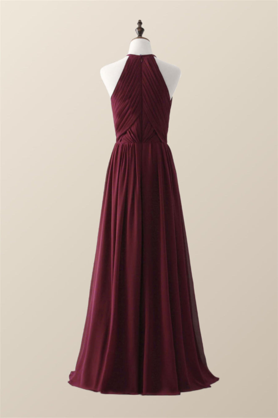 Halter Burgundy Pleated Long Bridesmaid Dress