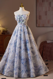 Strapless Blue Print A-line 3D Flowers Long Formal Gown