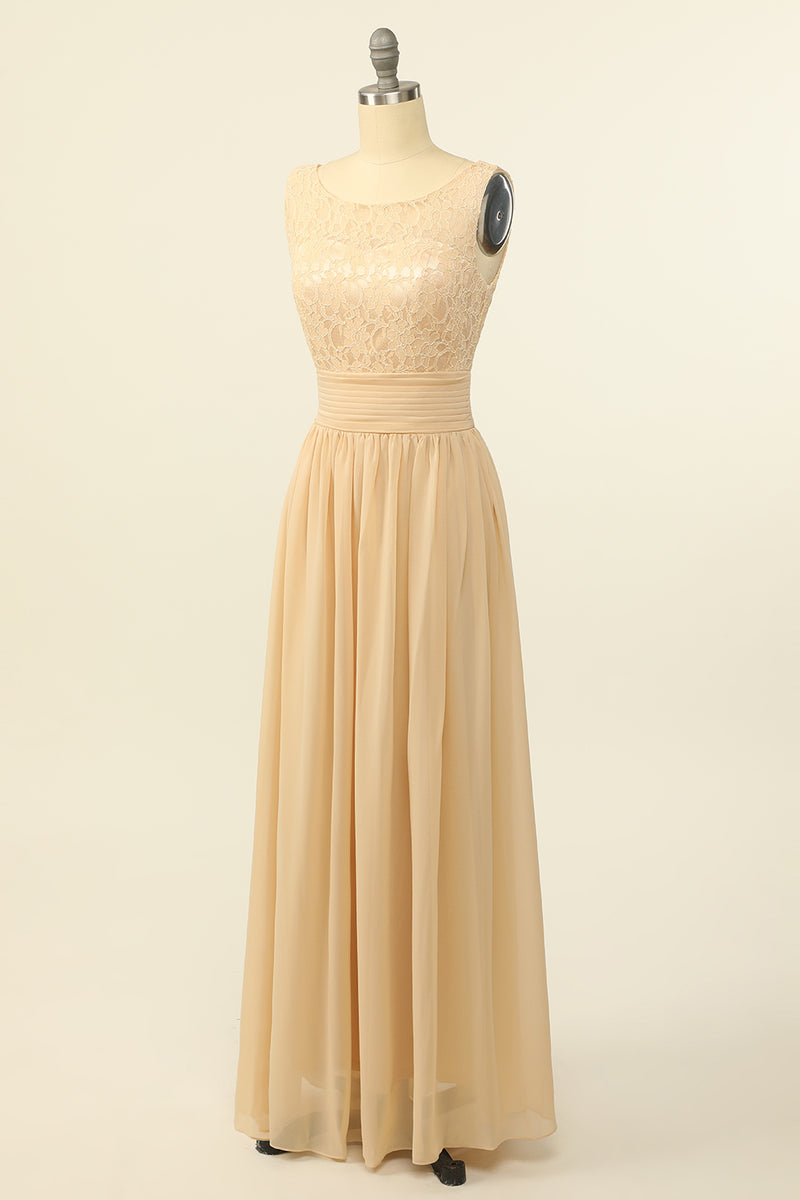 Scoop Pink Lace and Tulle A-line Long Bridesmaid Dress