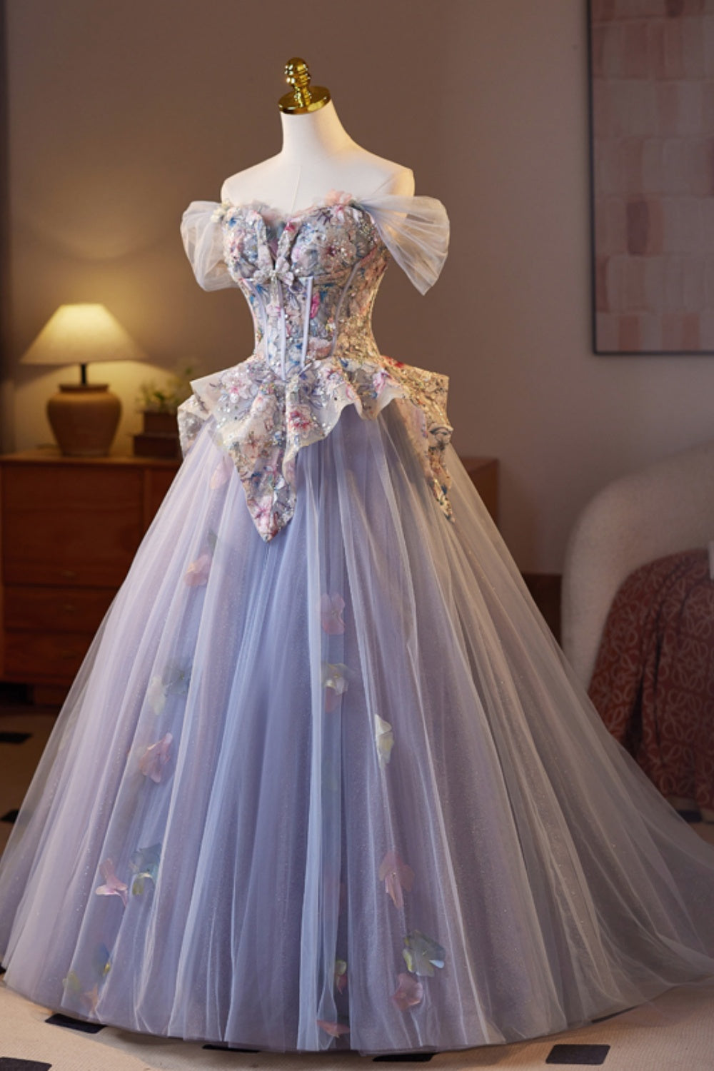 Off the Shoulder Purple Floral Embroidery A-line Ball Gown