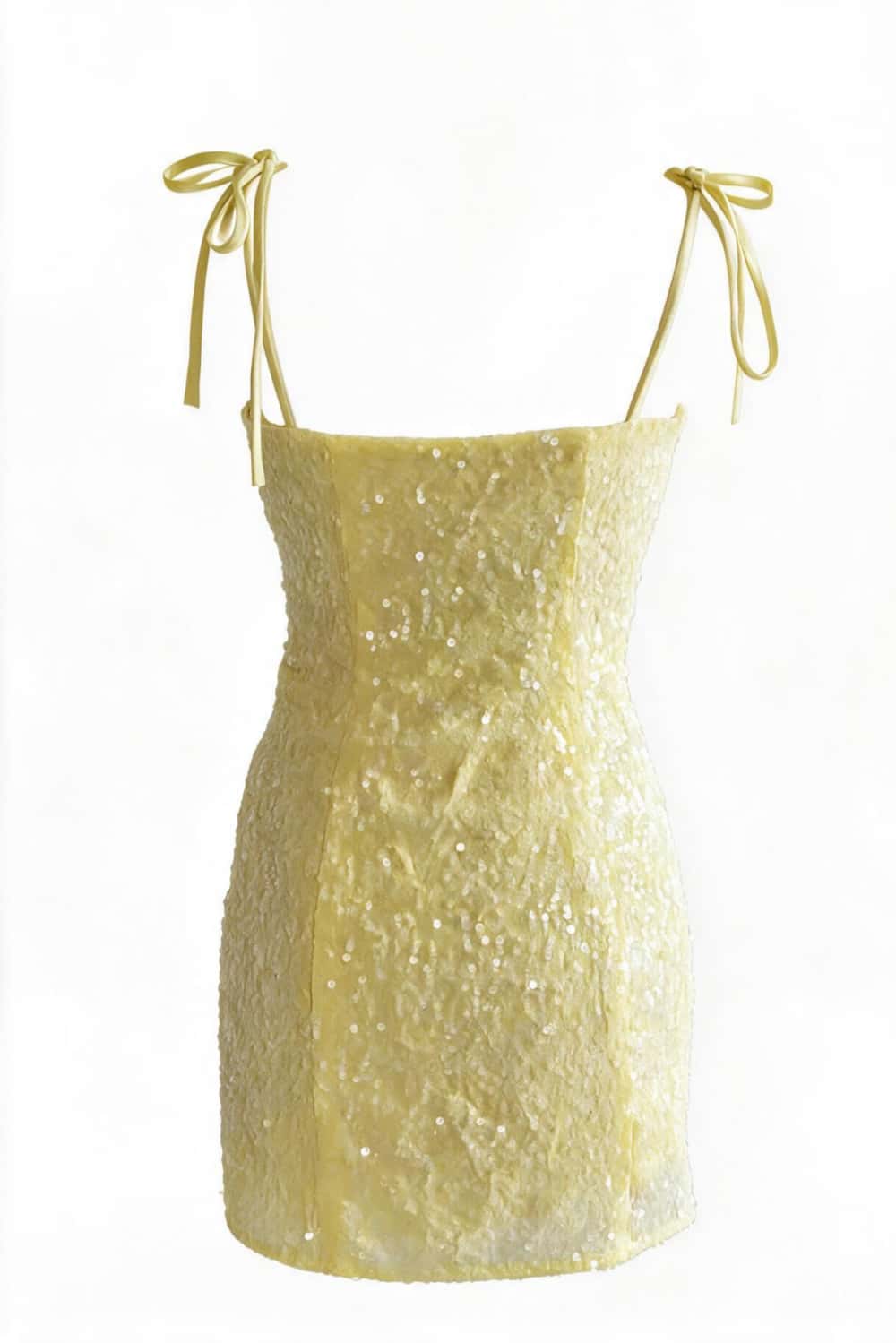 Tie Shoulder Straps Sequin Yellow Fitted Dress