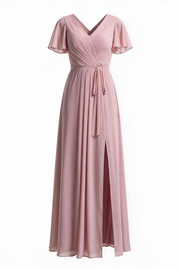 Flutter Sleeves Ruched Chiffon Dress with Sash