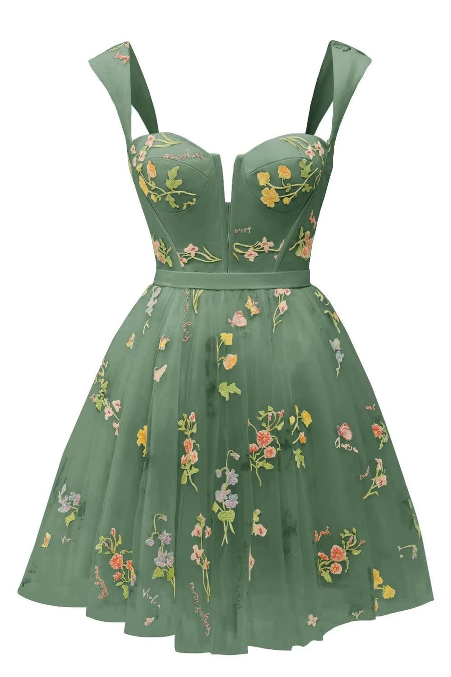 Green Floral A-line Short Princess Dress with Square Neck