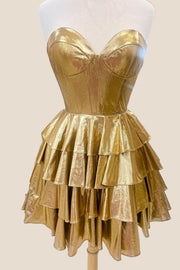 Sweetheart Gold Metallic Ruffles A-line Short Dress