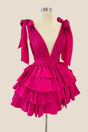 Plunge Neck Pink Layered Ruched Short Dress