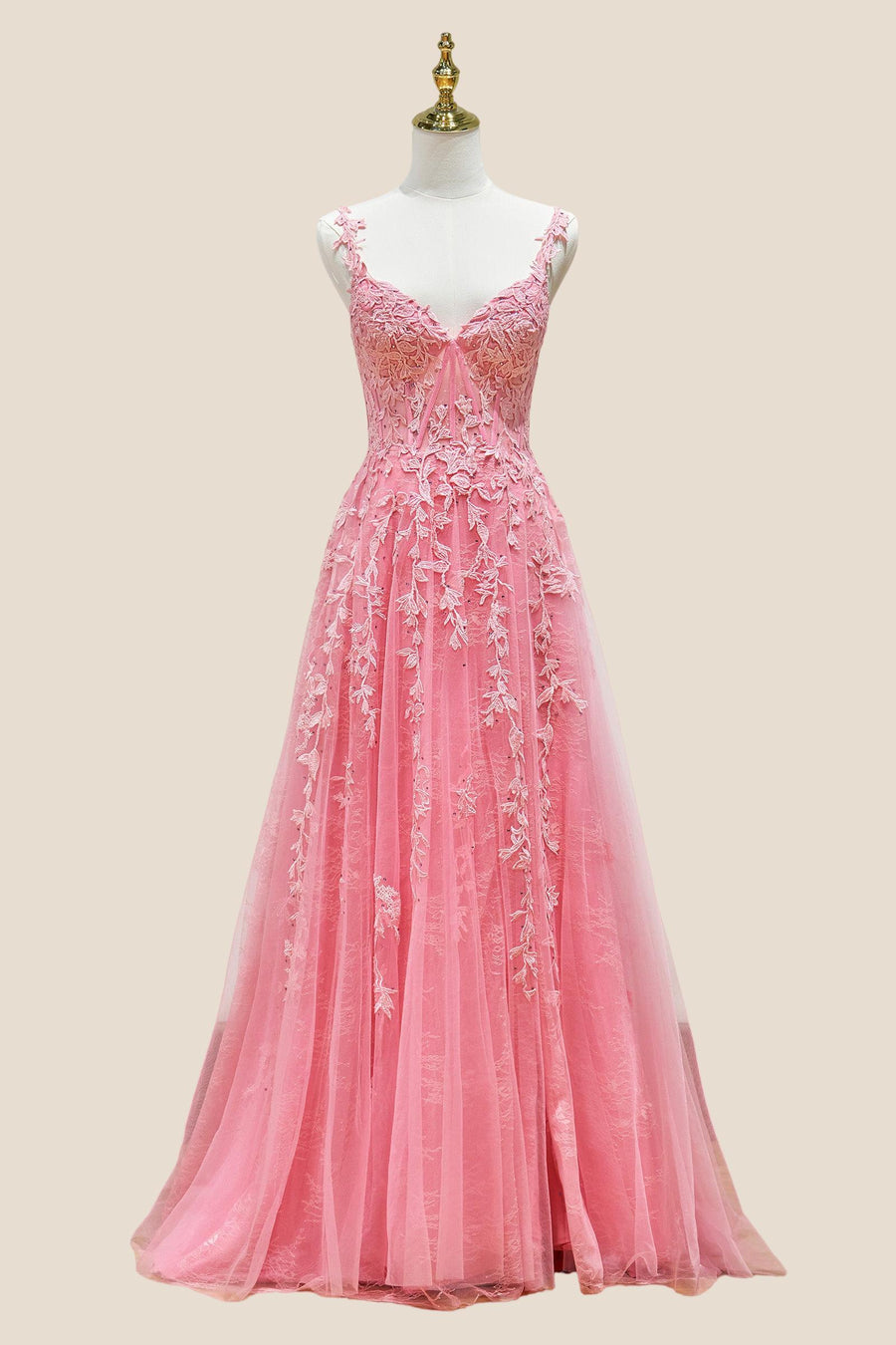 Hot Pink Lace Appliques A-line Long Formal Gown