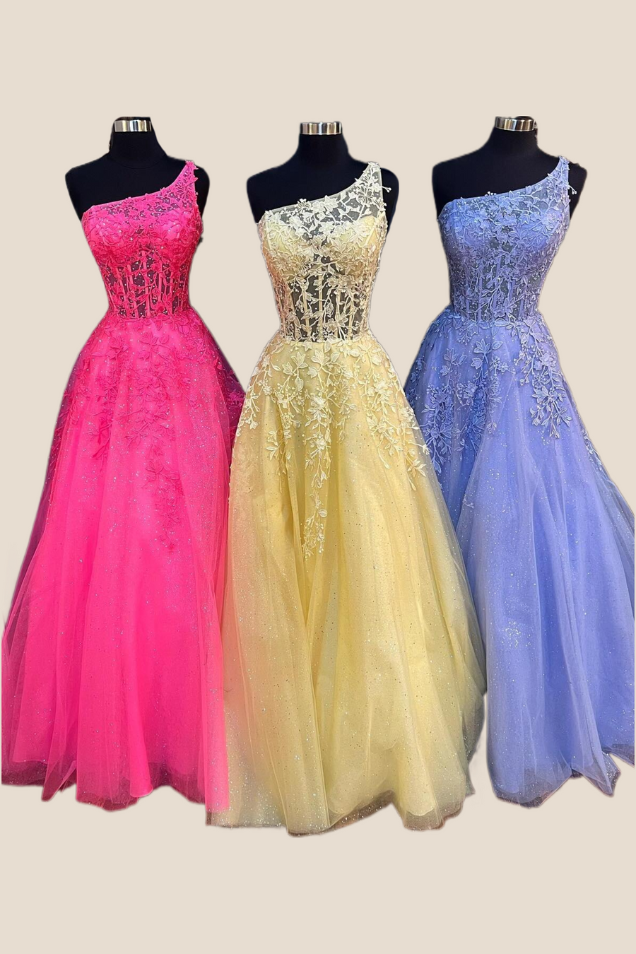 One Shoulder Yellow Appliques Tulle Long Formal Dress
