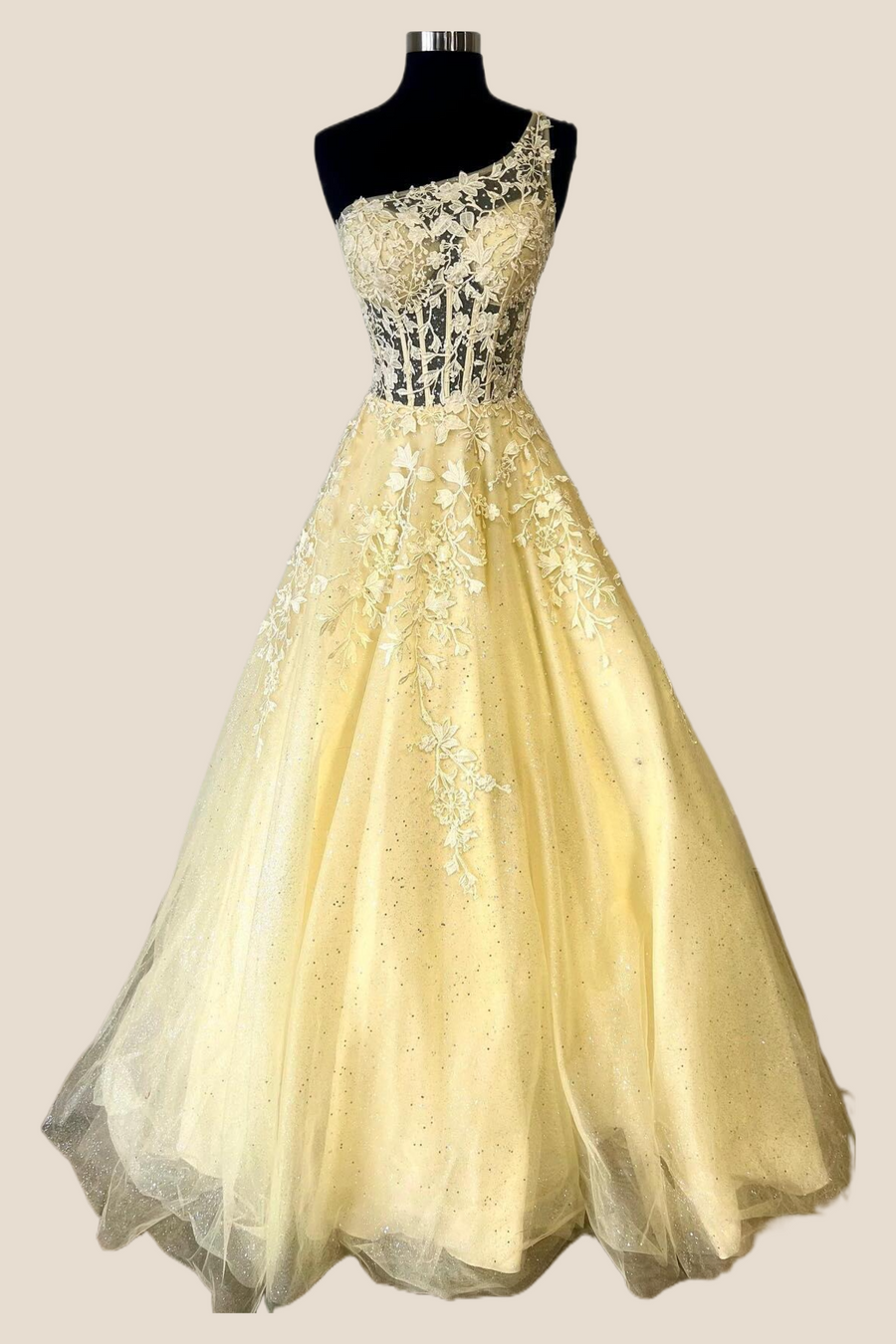 One Shoulder Yellow Appliques Tulle Long Formal Dress
