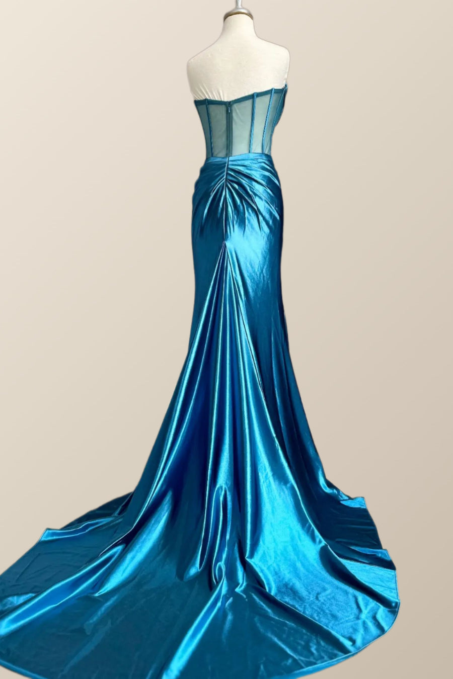 Ruched Cowl Neck Blue Satin Mermaid Formal Dress