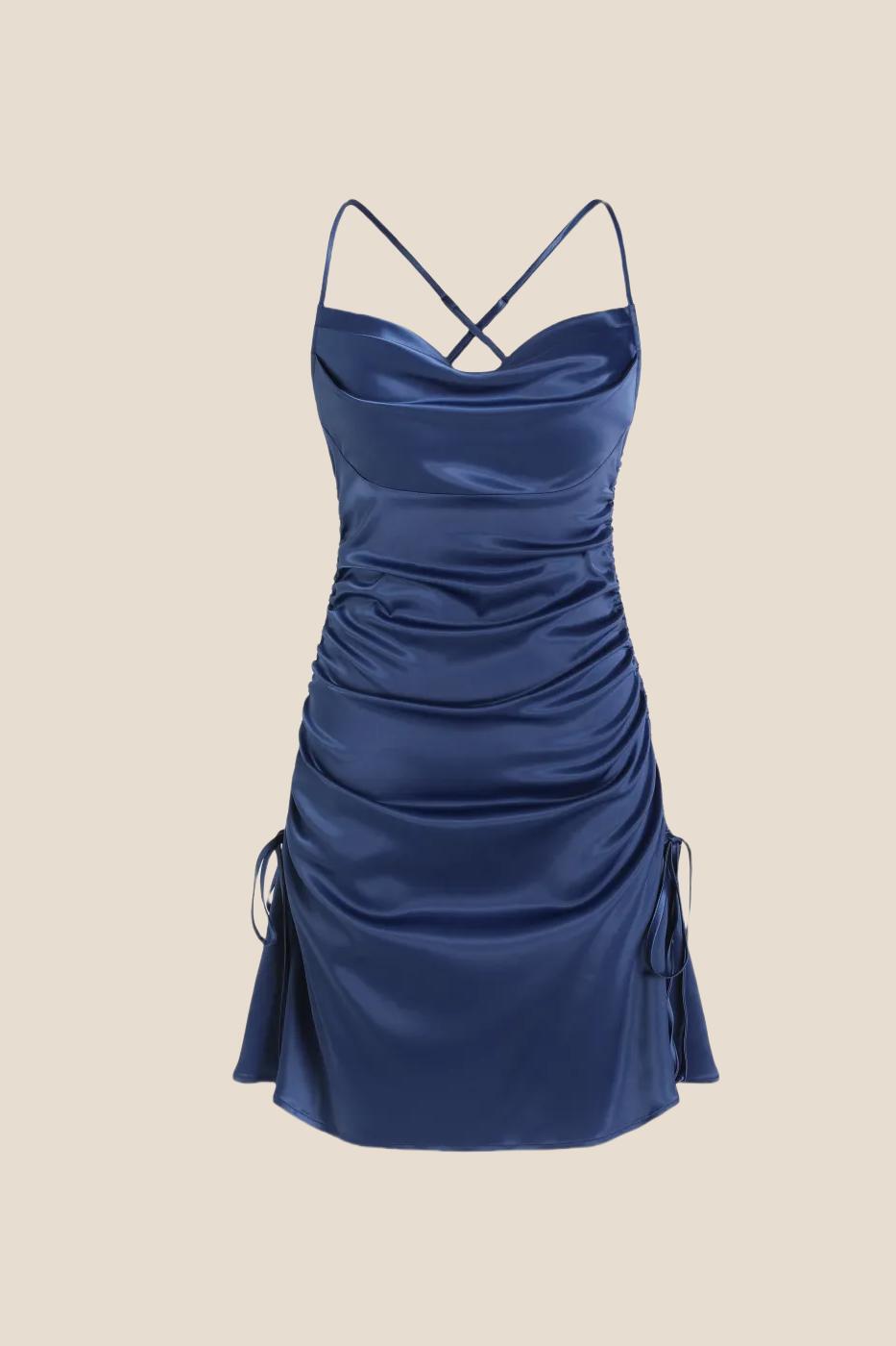 Straps Navy Blue Satin Cowl Neck Slit Short Dress Ohmollydress Straps Navy Blue Satin Cowl Neck Slit Short Dress Ohmollydress