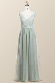 Sage Green Lace and Tulle Long Bridesmaid Dress