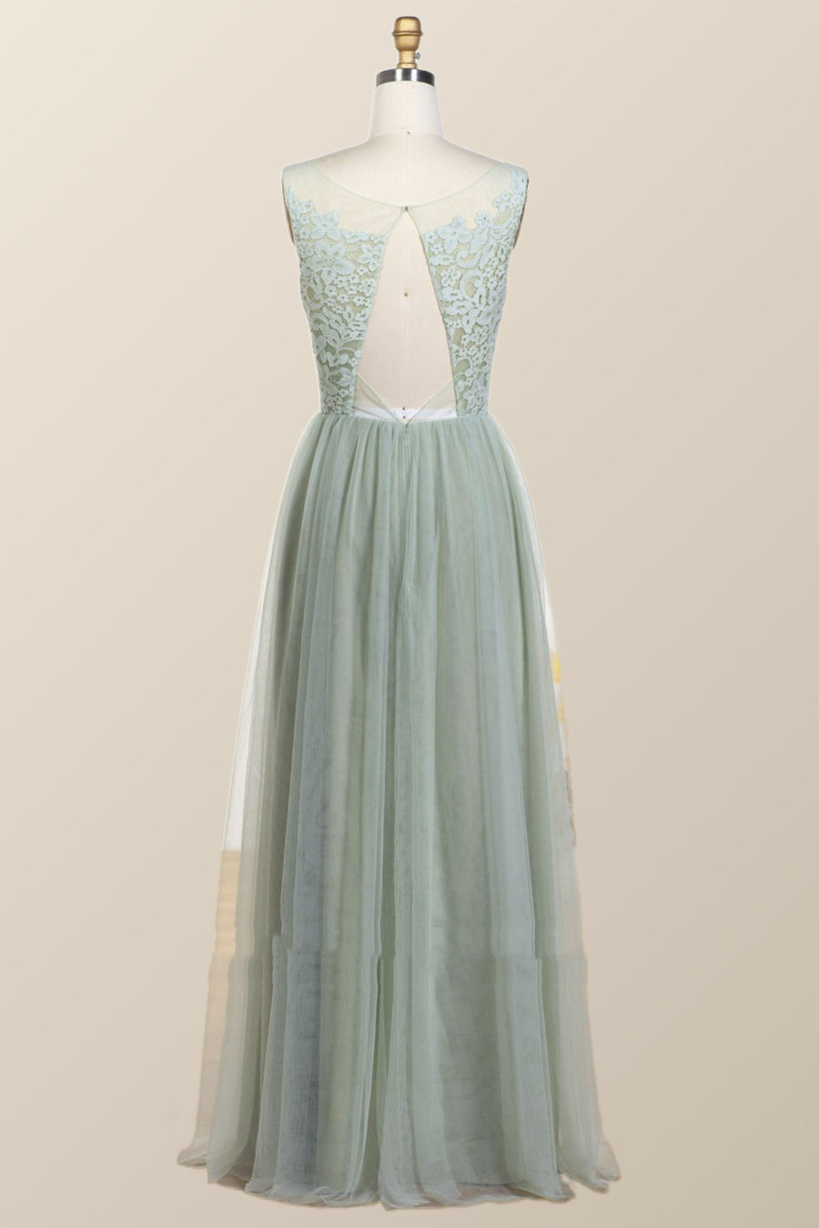 Sage Green Lace and Tulle Long Bridesmaid Dress