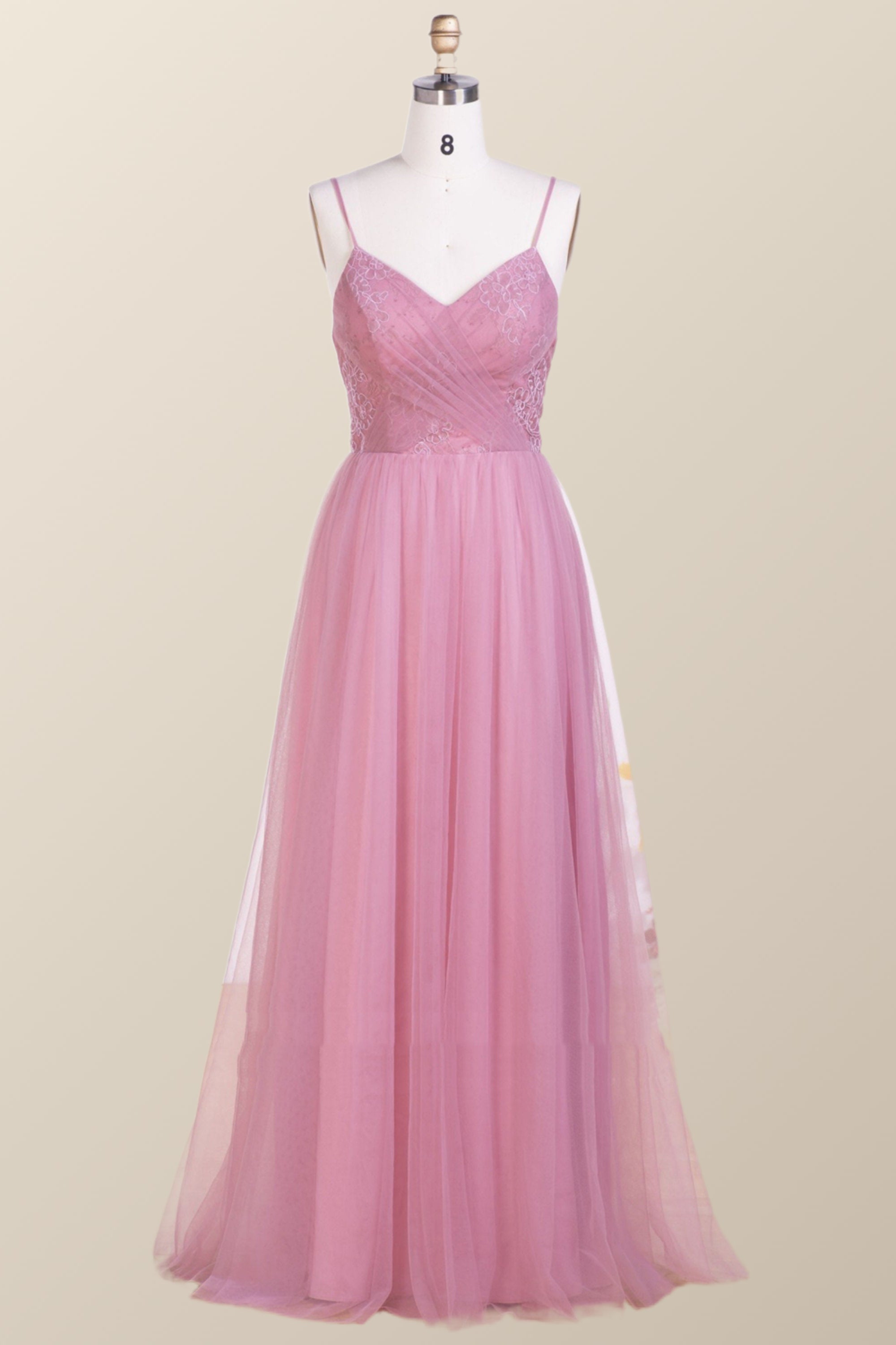 Straps Blush Pink Pleated Tulle Long Bridesmaid Dress
