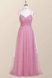 Straps Blush Pink Pleated Tulle Long Bridesmaid Dress