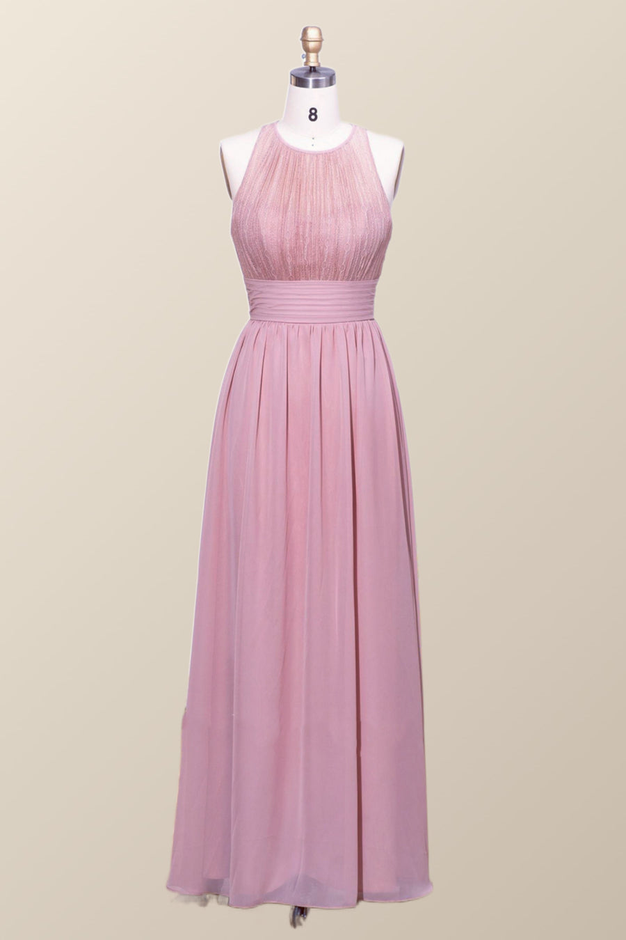 Halter Blush Pink Chiffon A-line Long Bridesmaid Dress